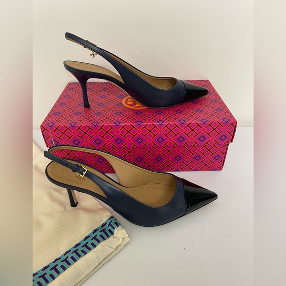 Tory Burch Shoes - Tory Burch Penelope Cap Toe Slingback Pump - Ink Navy / Perfect Black - Size 7